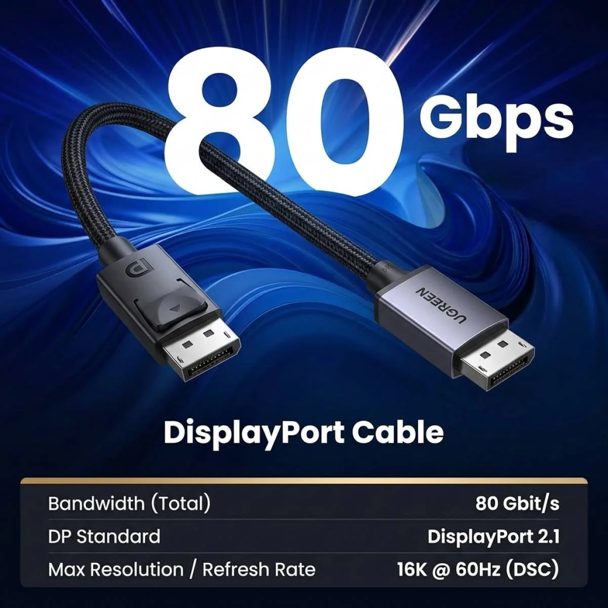 Ugreen 25862 DisplayPort 2.1 Gaming Cable 3m, 80Gbps VESA Certified, 16K 60Hz, 8K 240Hz, 4K 240Hz, DP Male to Male - Image 2