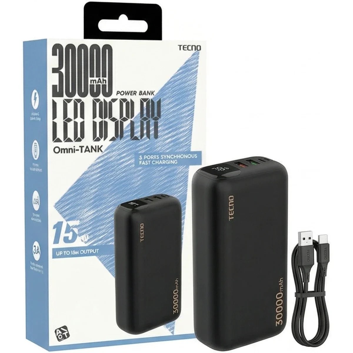 باور بانك TECNO Omni Tank بسعة 30000mAh وشحن سريع وشاشة LED - أسود