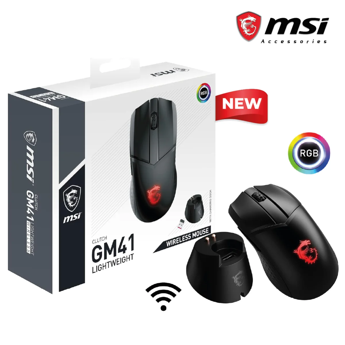 ماوس ألعاب MSI Clutch GM41 لاسلكي خفيف مع قاعدة شحن، 20000 DPI، مفاتيح Omron 60 مليون، بطارية 80 ساعة، 6 أزرار