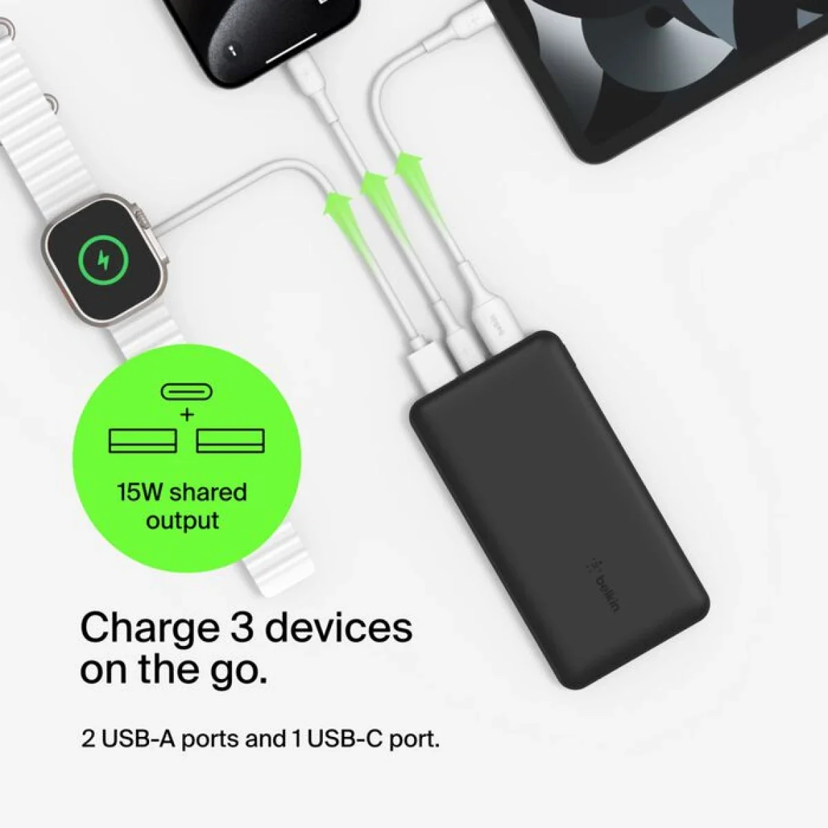 Belkin BPB012BTBK BoostCharge 20,000mAh USB-C Power Bank with 2 USB-A Ports, 15W, Black - Thumbnail 4
