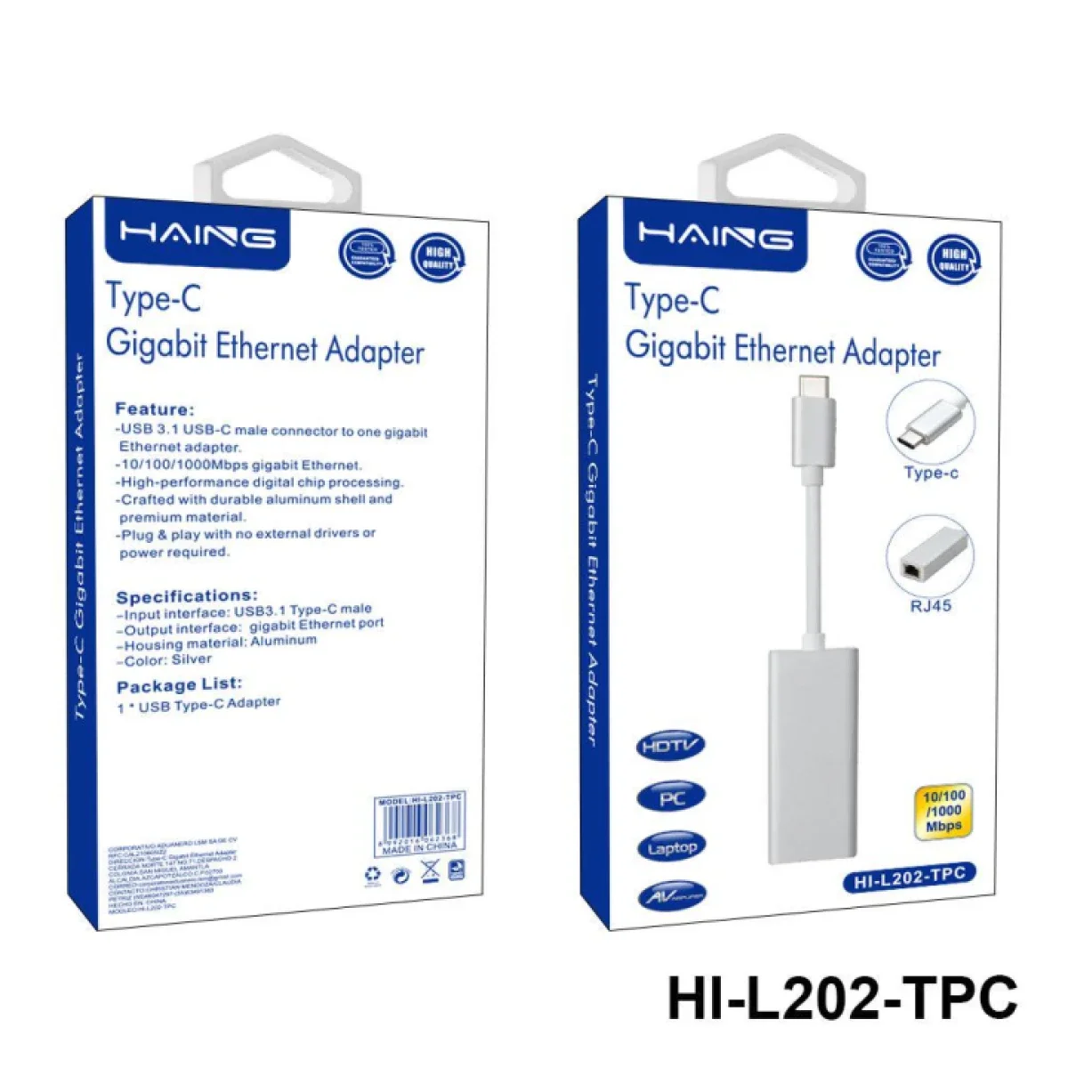 HAING L202 Type-C Gigabit Ethernet Adapter 10/100/1000 Mbps