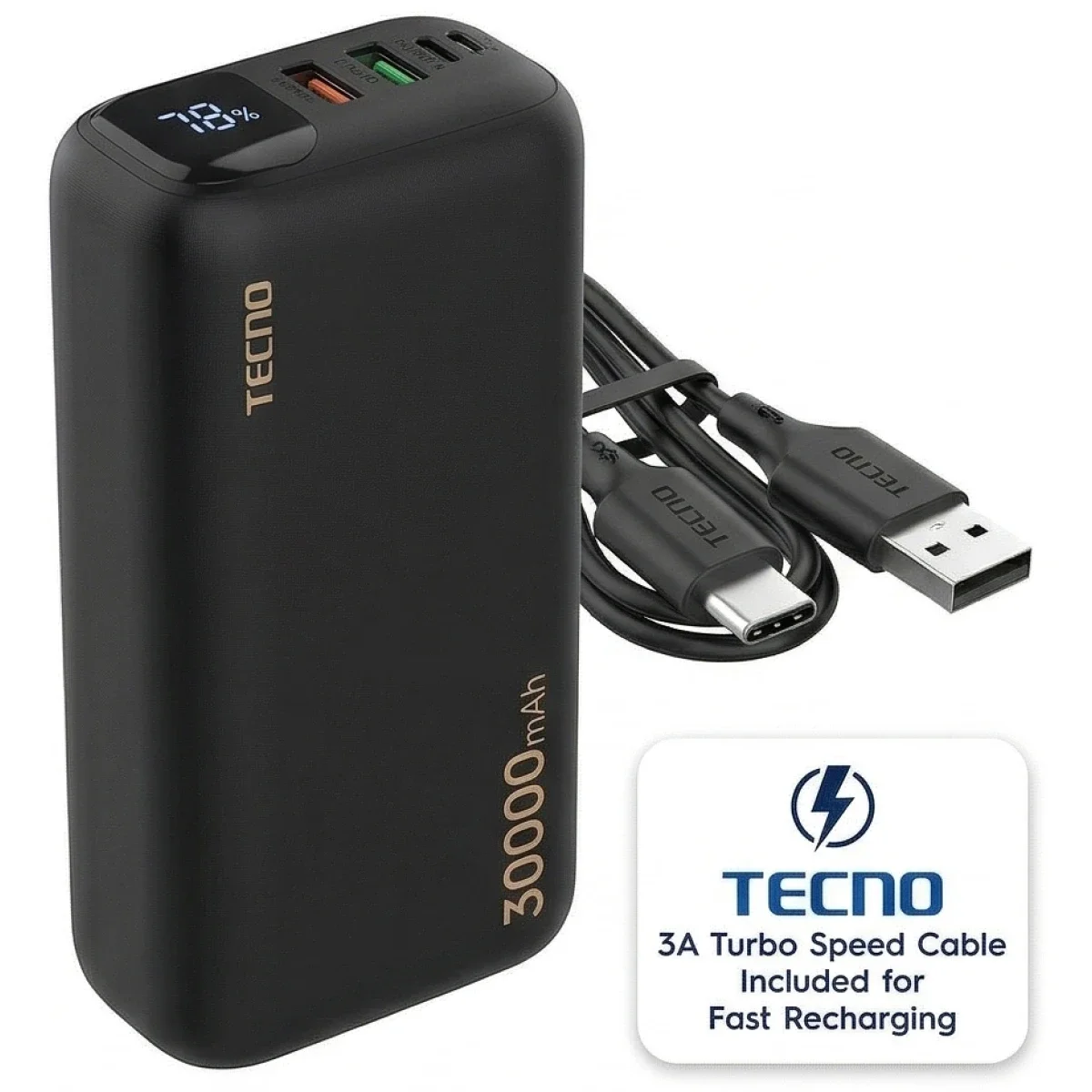 باور بانك TECNO Omni Tank بسعة 30000mAh وشحن سريع وشاشة LED - أسود - Thumbnail 2