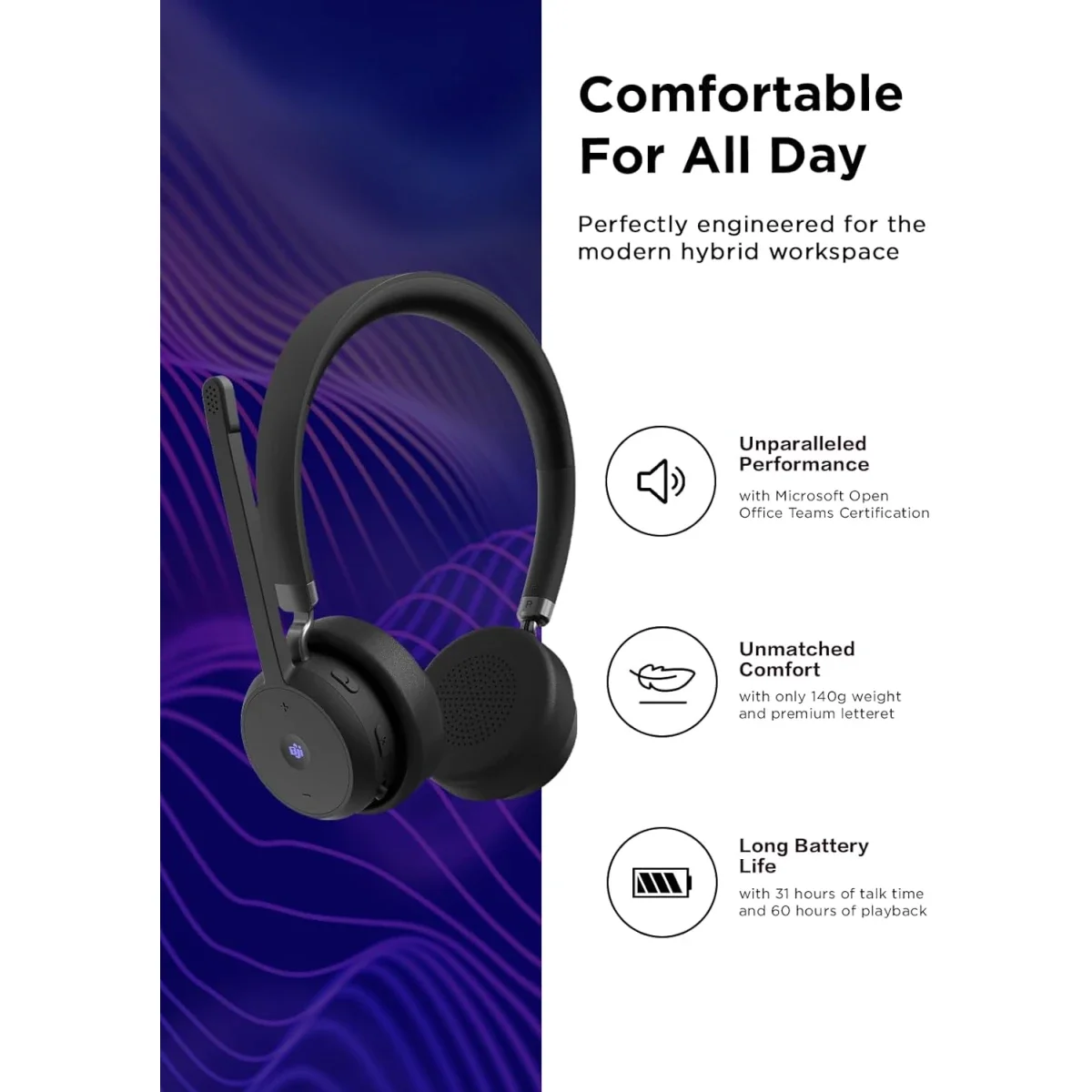 سماعة رأس Lenovo لاسلكية للمكالمات Teams، بلوتوث 5.3 ومستقبل USB-A - Thumbnail 3