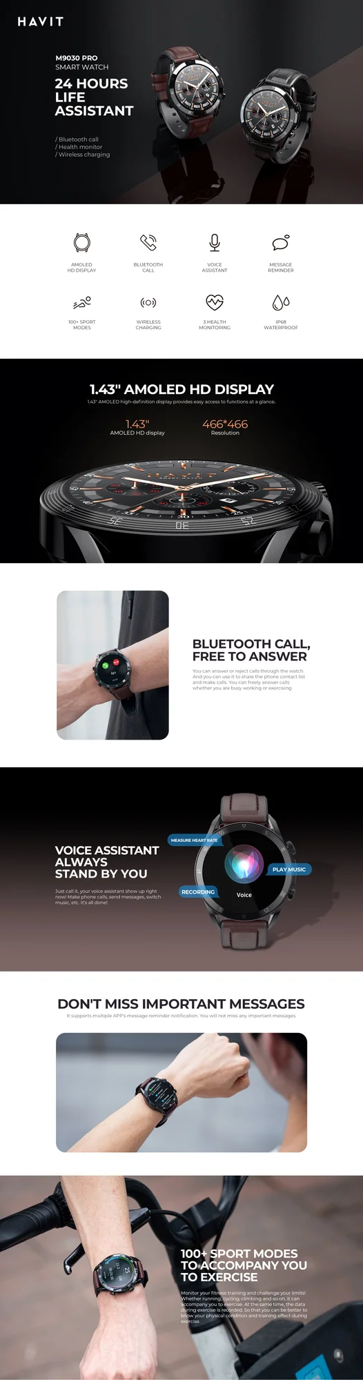 HAVIT M9030 PRO Smart Watch with 1.43-Inch AMOLED Display, Bluetooth Calling - Brown - Thumbnail 5