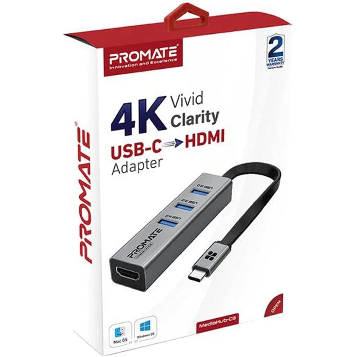 Promate MediaHub-C3 Aluminum USB-C to HDMI Adapter with 3 USB 3.0 Ports, 4K 30Hz