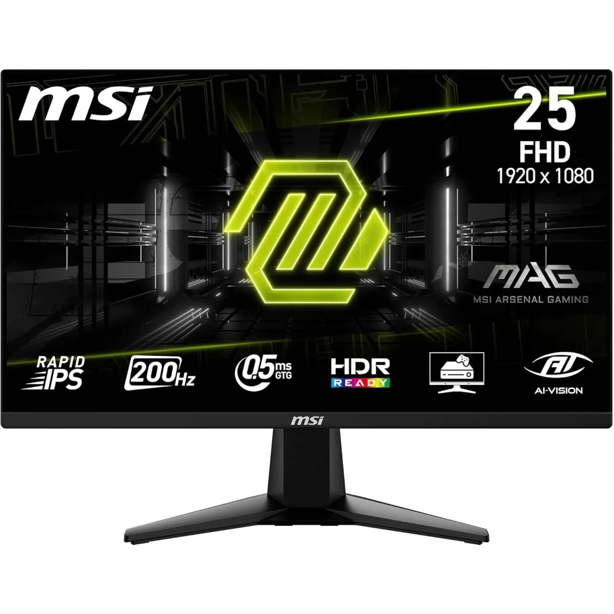شاشة MSI للألعاب 24.5 إنش مسطحة FHD، 200 هرتز، 0.5 مللي ثانية، Rapid IPS، HDR Ready، AMD FreeSync Premium، أسود، كفالة 3 سنوات – MAG 255F E20