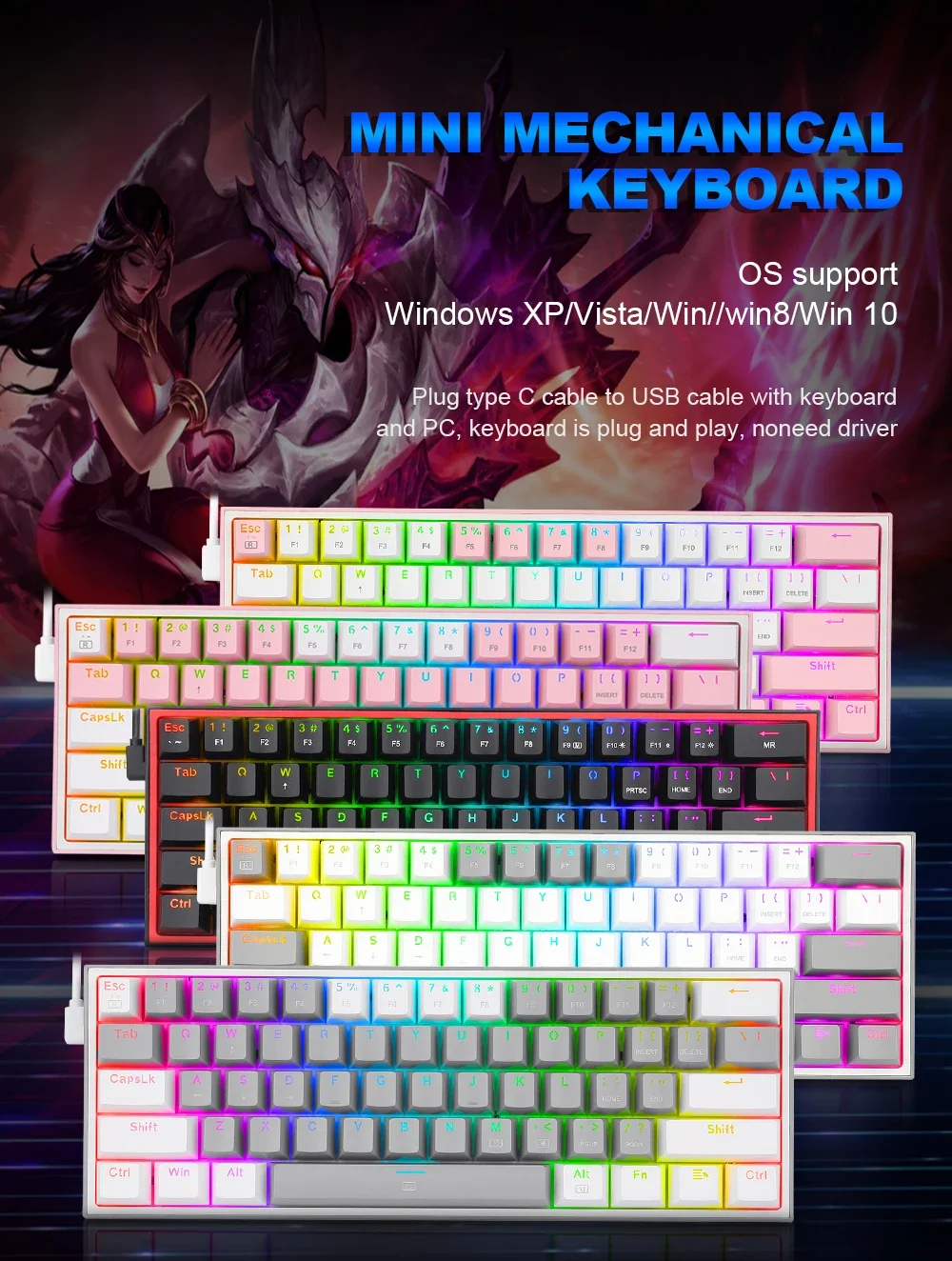 Redragon K617 Fizz RGB 60% Mechanical Gaming Keyboard, 61 Keys, Red Switches, Black - Thumbnail 6