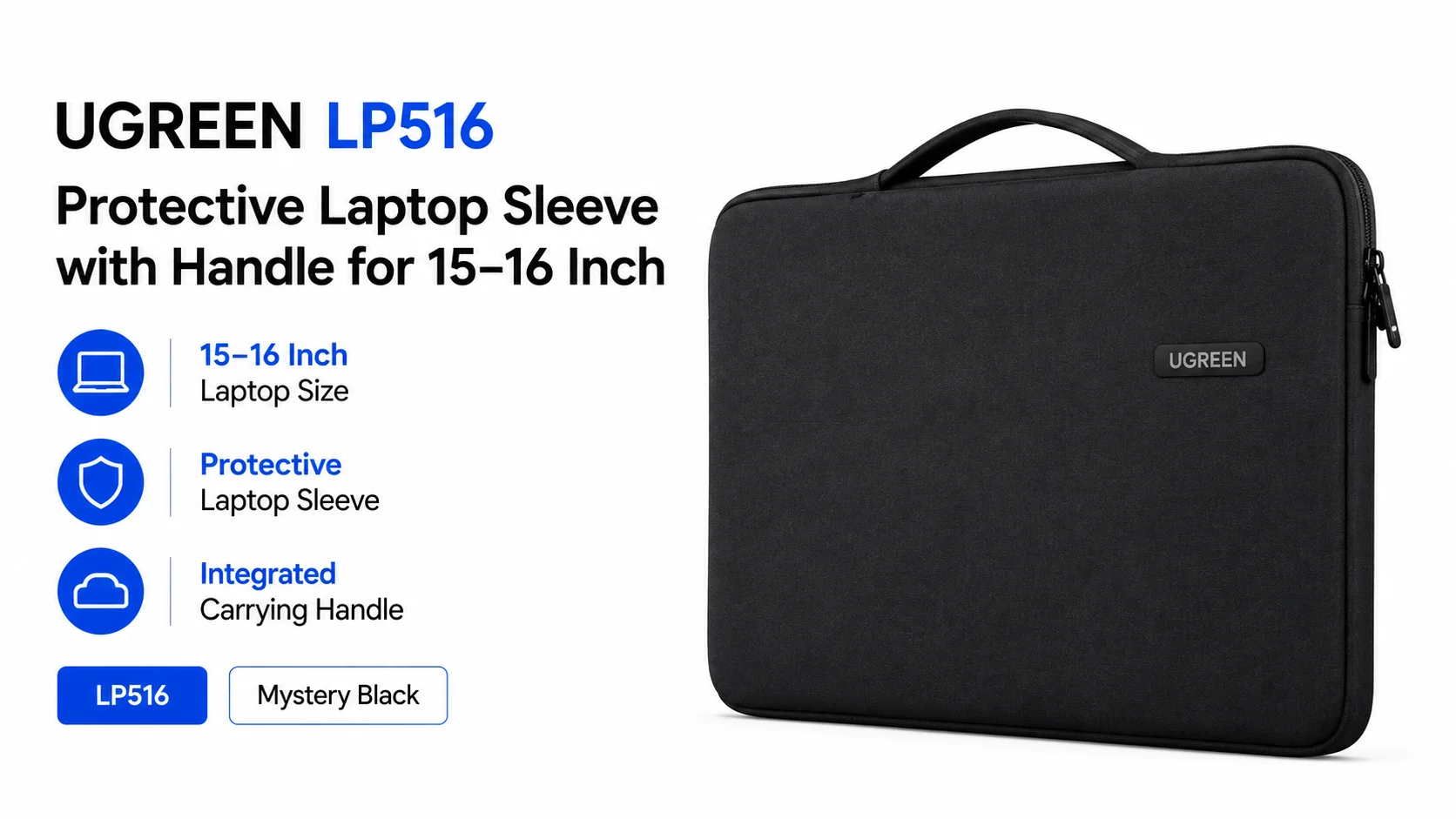 Ugreen LP516 Protective Laptop Sleeve with Handle for 15–16 Inch Laptops - Mystery Black - Image 5