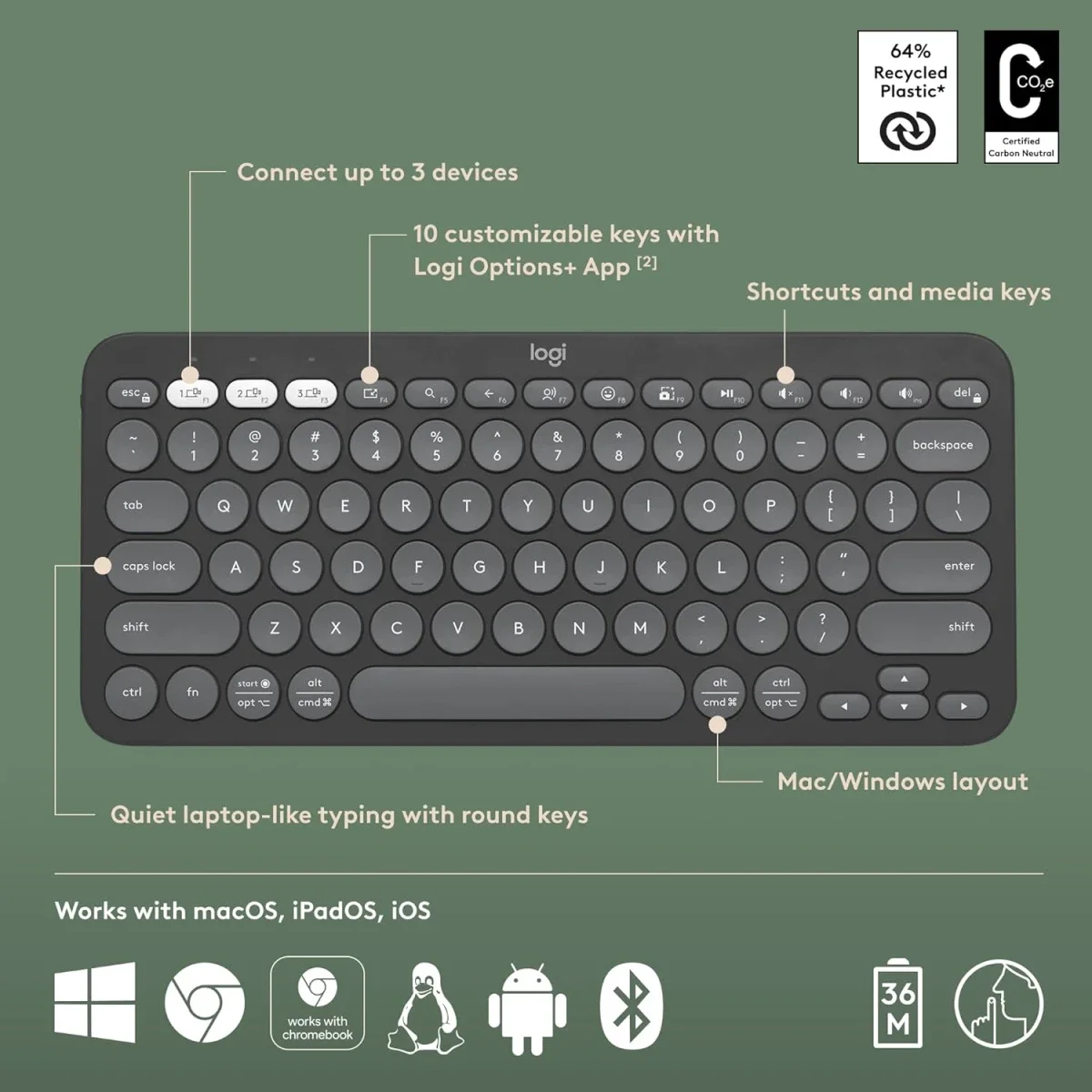 كيبورد Logitech Pebble Keys 2 K380s لاسلكي بلوتوث عربي/إنجليزي - Thumbnail 5