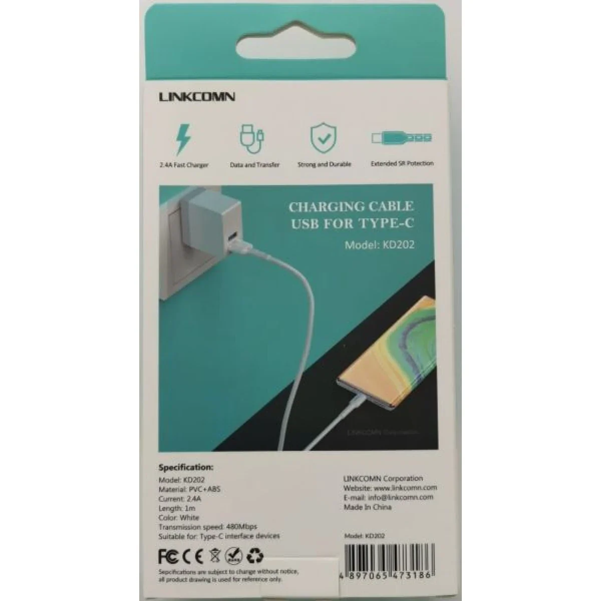 LINKCOMN KD202 USB Type-C Charging & Data Cable 1m - White - Thumbnail 3