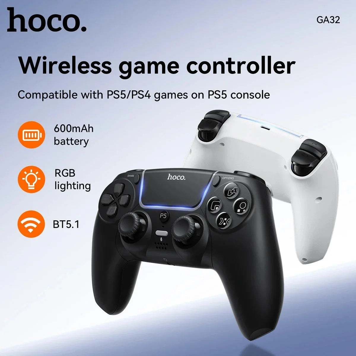 HOCO GA32 Dragon Wireless Gamepad for PS5, Bluetooth 5.1, 600mAh - Black - Image 2