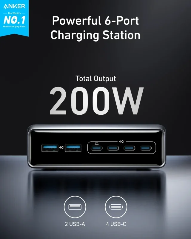 شاحن مكتبي Anker Prime Charger A2683241 بقدرة 200 واط و6 منافذ بتقنية GaN - Image 5