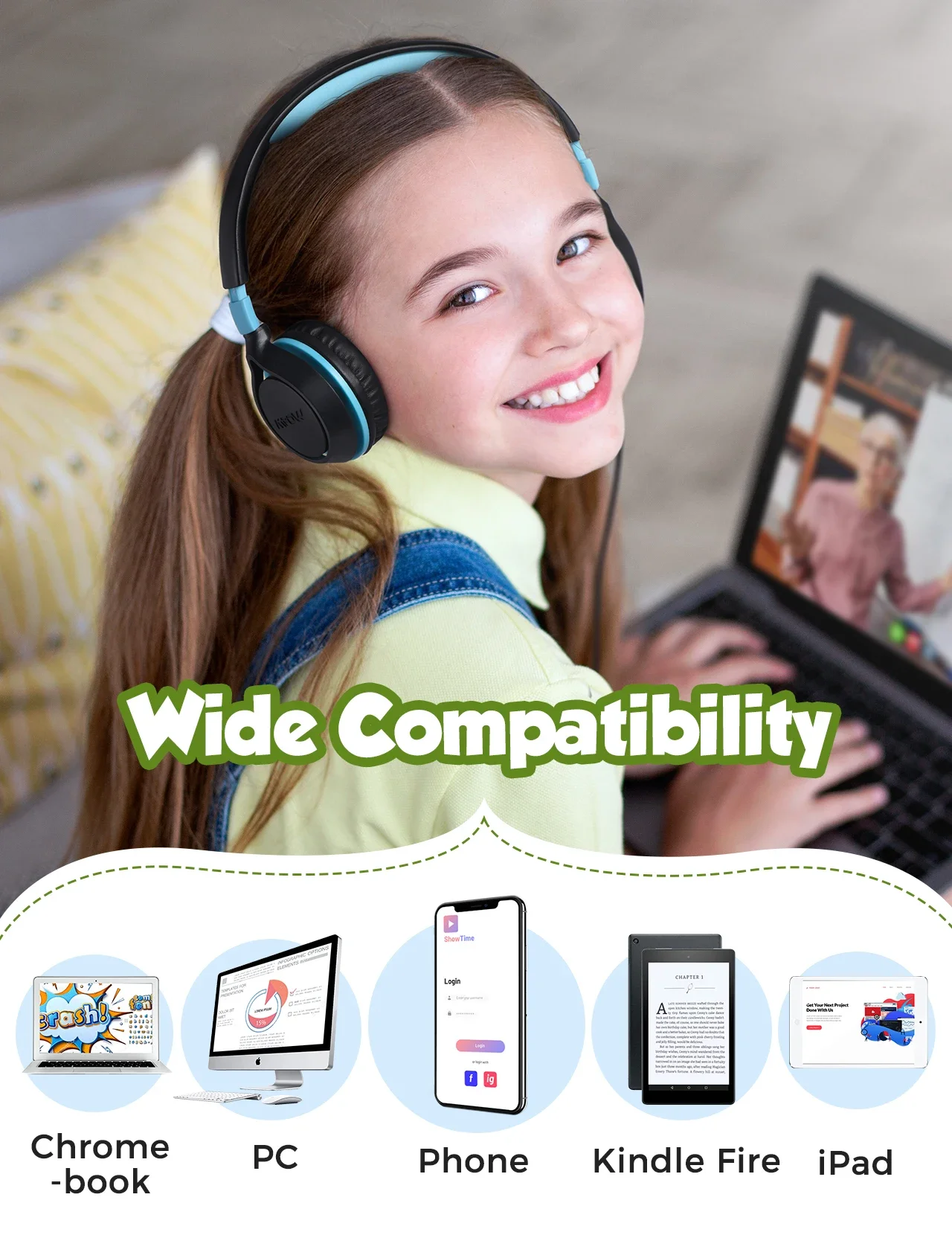 Mpow CHE1 Kids Wired Headphones with 94dB Volume Limit, Blue - Thumbnail 18