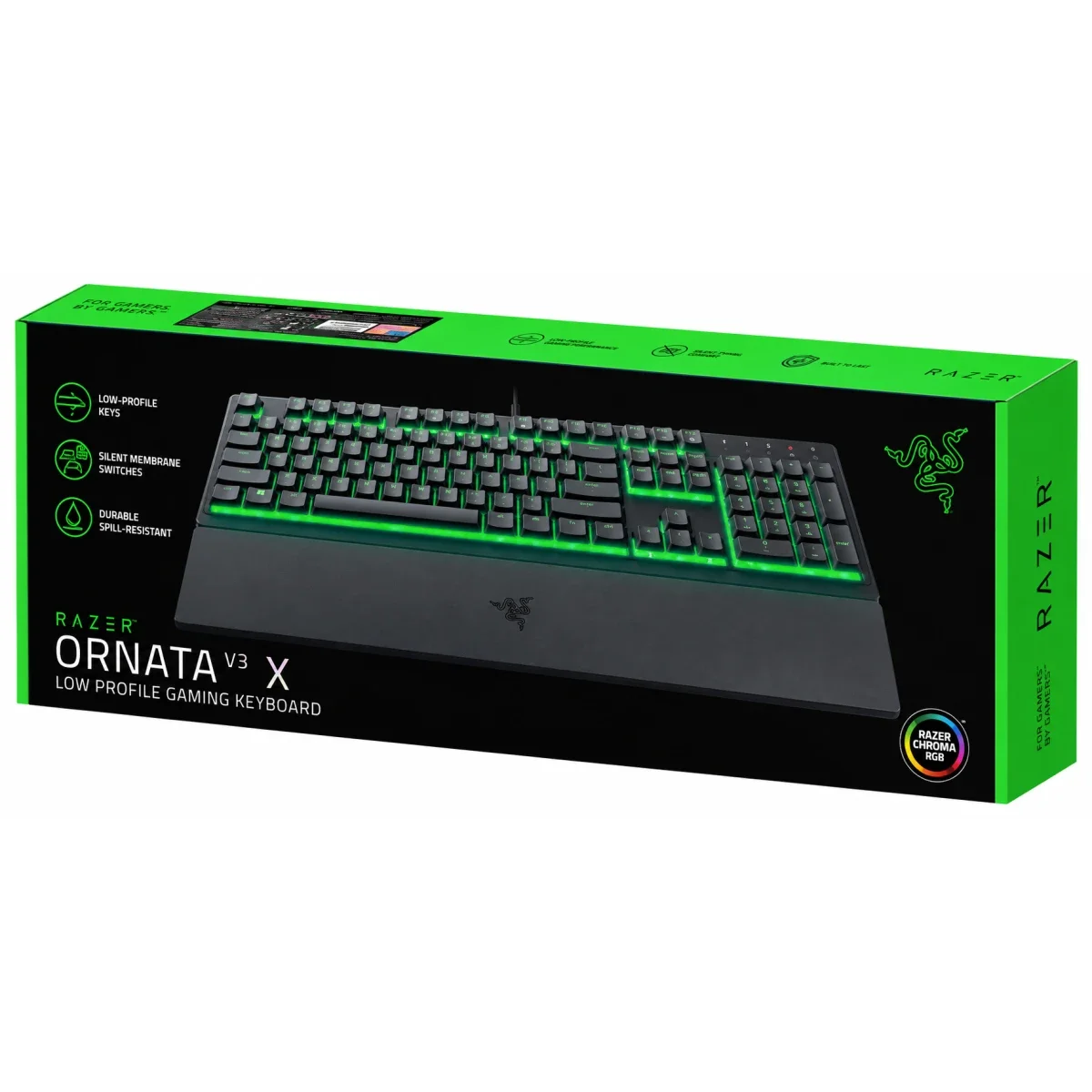 Razer Ornata V3 X Gaming Keyboard, Low-Profile Silent Membrane Keys, Spill-Resistant, Chroma RGB, Wrist Rest - Arabic/English