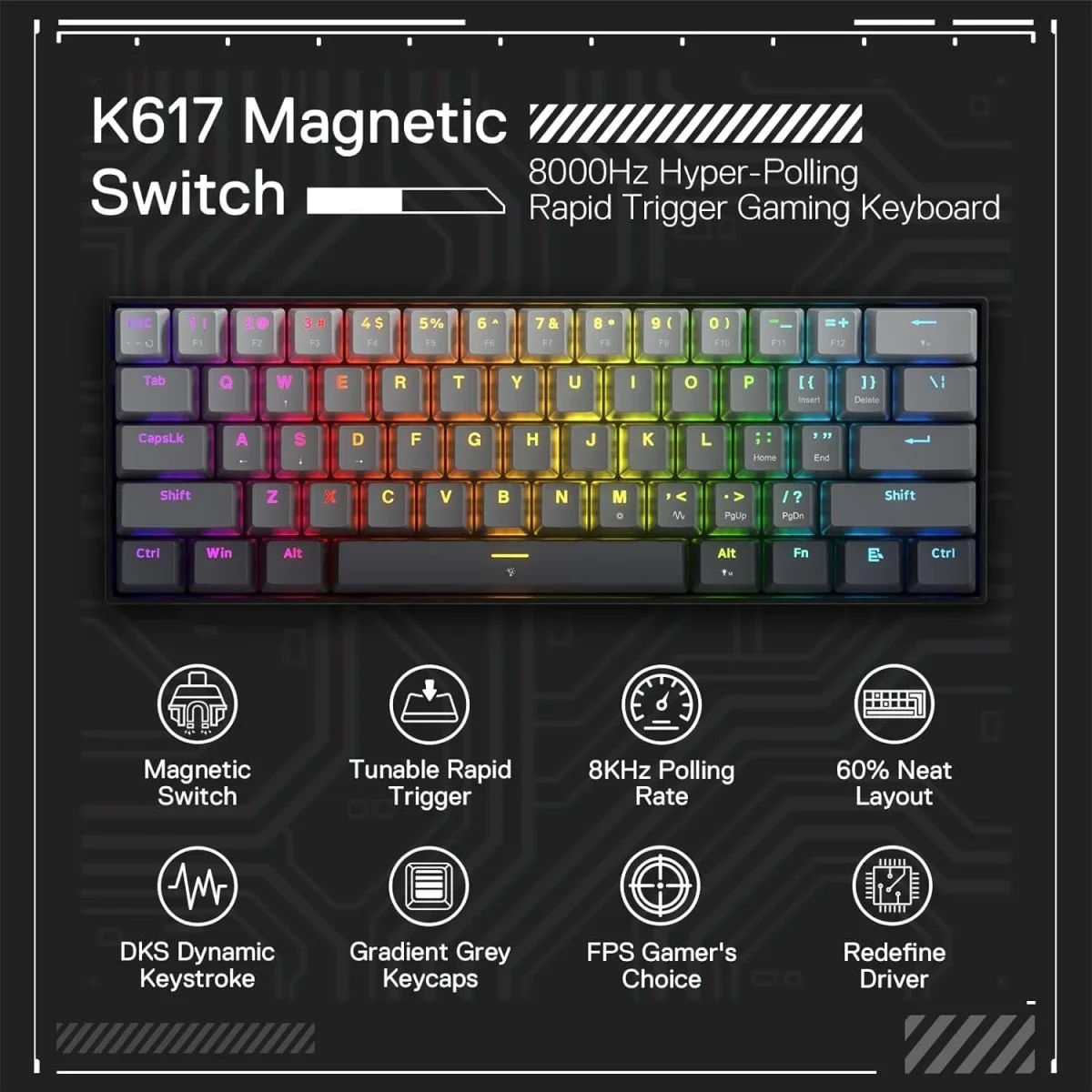 Redragon FIZZ K617GGB 60% Wired Magnetic Switch Gaming Keyboard, 8KHz, 0.1ms, Misty Grey - Thumbnail 7