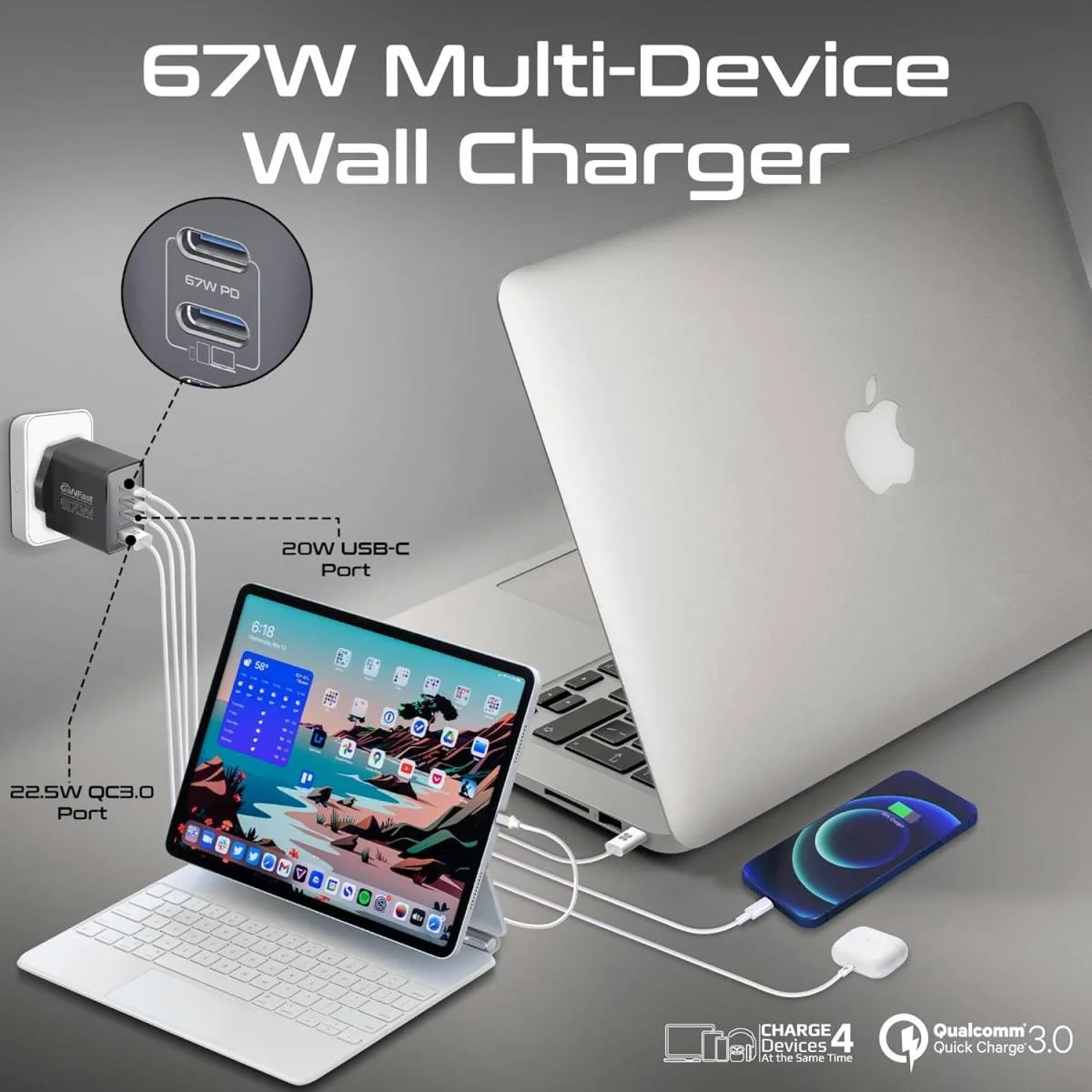 شاحن جداري Promate GaNPort4-67PD بتقنية GaN 67 واط، USB-C مزدوج PD و20 واط وQC 3.0 بقوة 22.5 واط، أسود - Thumbnail 2