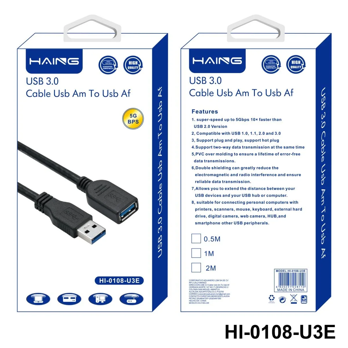 HAING HI-0108-U3E USB 3.0 Male to Female Extension Cable 1m - Thumbnail 2