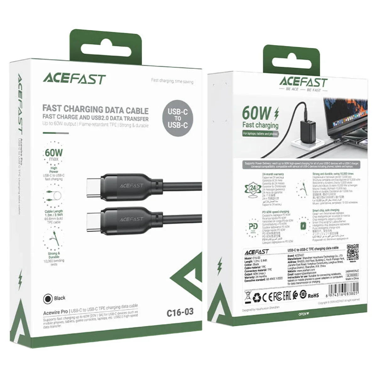 ACEFAST C16-03 USB-C to USB-C Fast Charging Data Cable 60W 1.2m Black