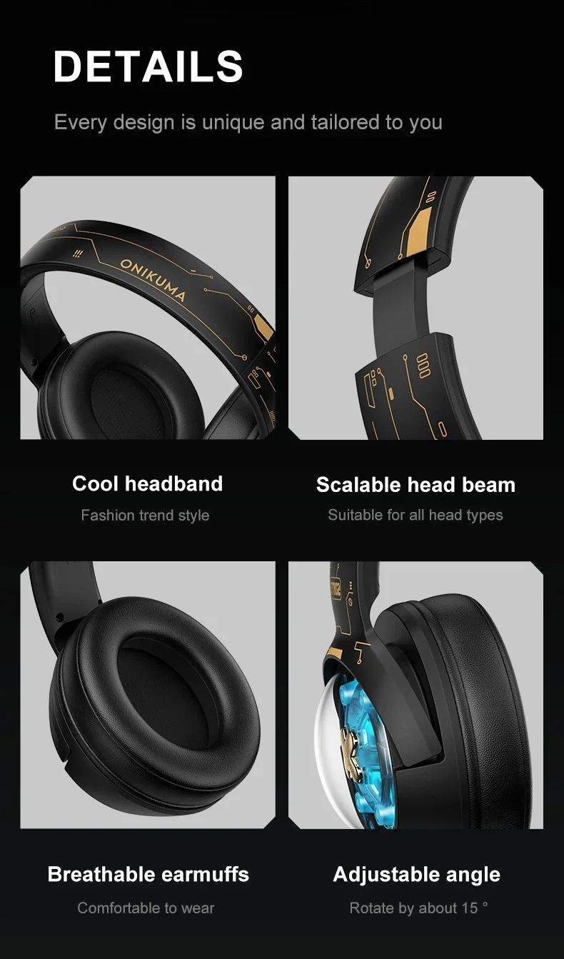 ONIKUMA GT802 Triple-Mode Wireless Gaming Headset with RGB Light, 60-Hour Battery - Black - Image 23
