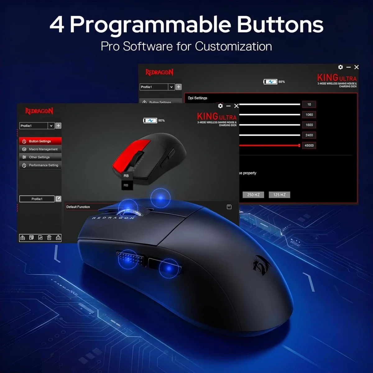 ماوس ألعاب Redragon K1NG M999 لاسلكي فائق الخفة ثلاثي الاتصال مع قاعدة شحن RGB، أسود، 45000 DPI - Thumbnail 8