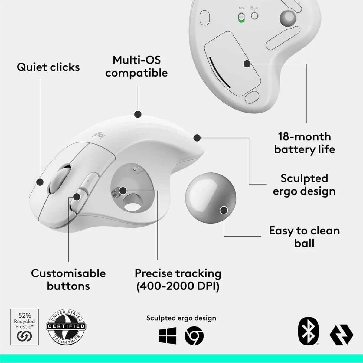 Logitech ERGO M575S Wireless Trackball Mouse - White - Thumbnail 6