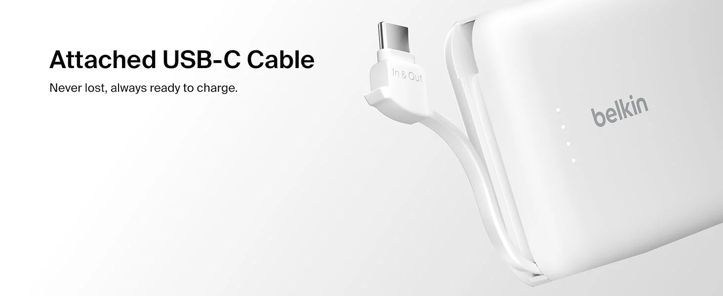 بطارية محمولة Belkin BoostCharge بسعة 10000mAh مع كابل USB-C مدمج وشحن PD بقدرة 20W - أبيض - Thumbnail 11