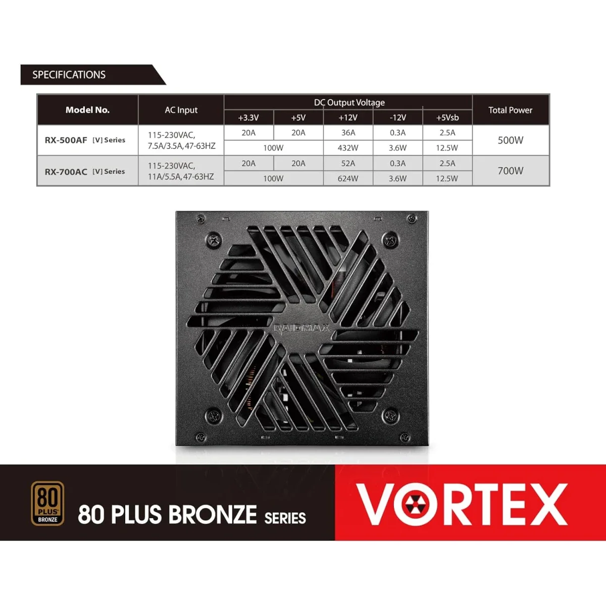 مزود طاقة Raidmax Vortex بقدرة 700 واط وكفاءة 80 بلس برونزي ATX مع مروحة هادئة 120 مم، أسود - Thumbnail 4