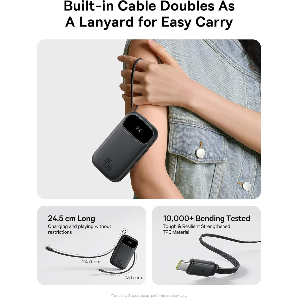 باور بانك Baseus Qpow3 بسعة 20000mAh وقدرة 45W مع كابل USB-C مدمج، أسود - Thumbnail 7