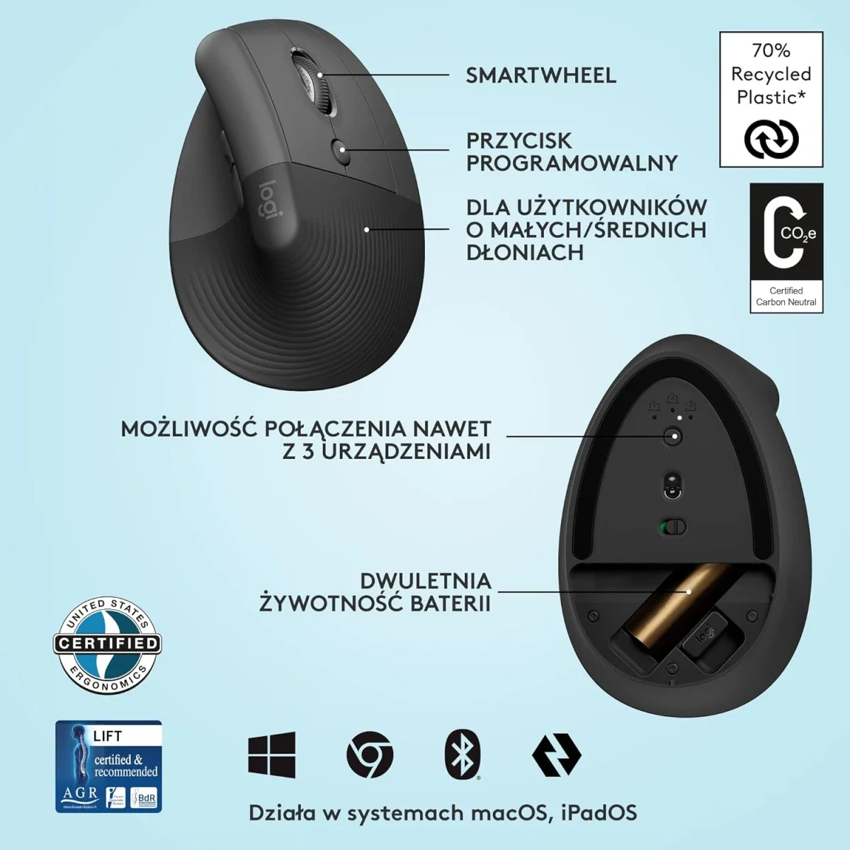 ماوس عمودي مريح Logitech Lift لاسلكي بنقرات هادئة و4 أزرار - أسود - Thumbnail 5