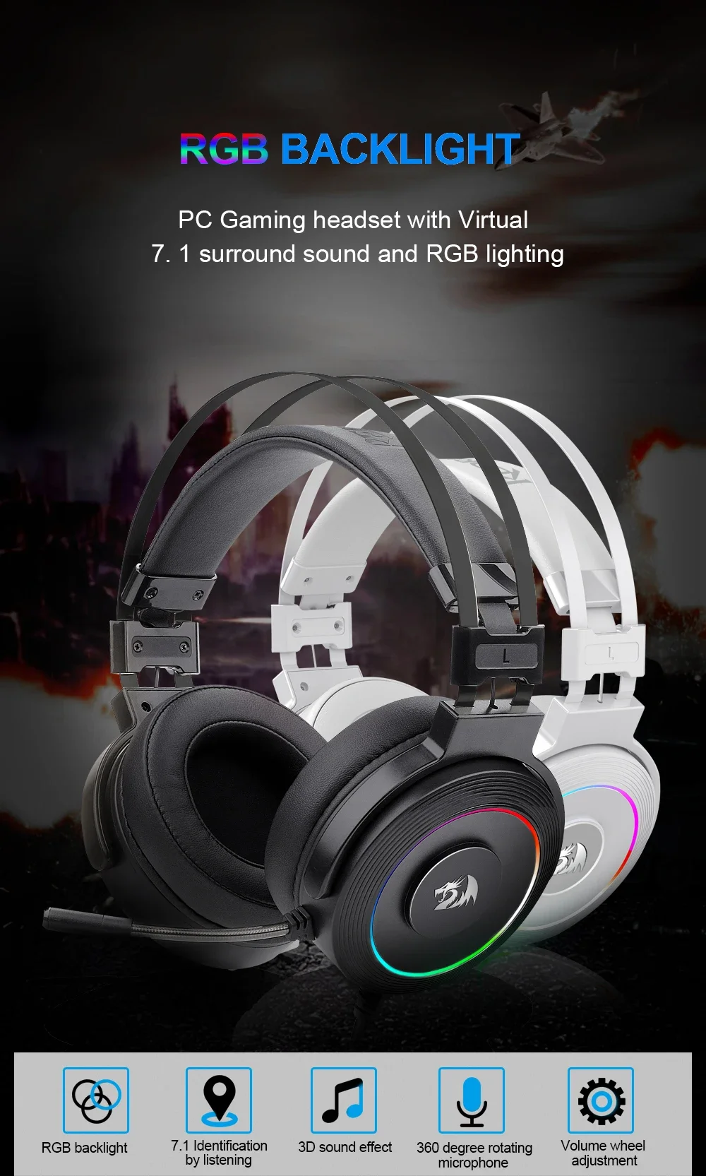 سماعة ألعاب Redragon H320 Lamia بيضاء USB بصوت محيطي افتراضي 7.1 وحامل RGB - Image 6