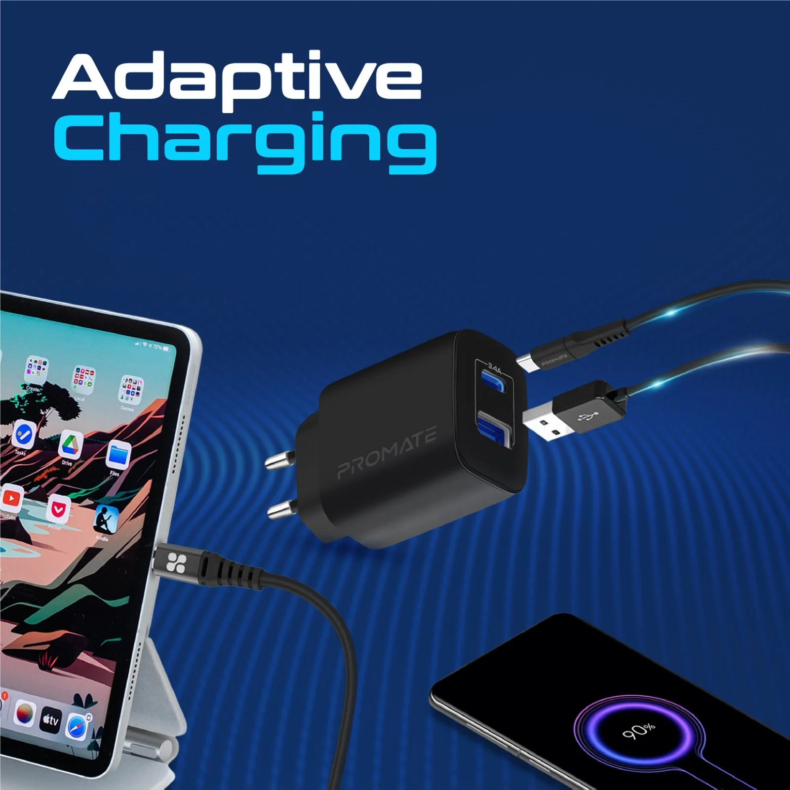 شاحن حائط Promate BiPlug-2 ثنائي المنافذ USB-C وUSB-A بقدرة 17 واط قابس أوروبي - أبيض - Thumbnail 10