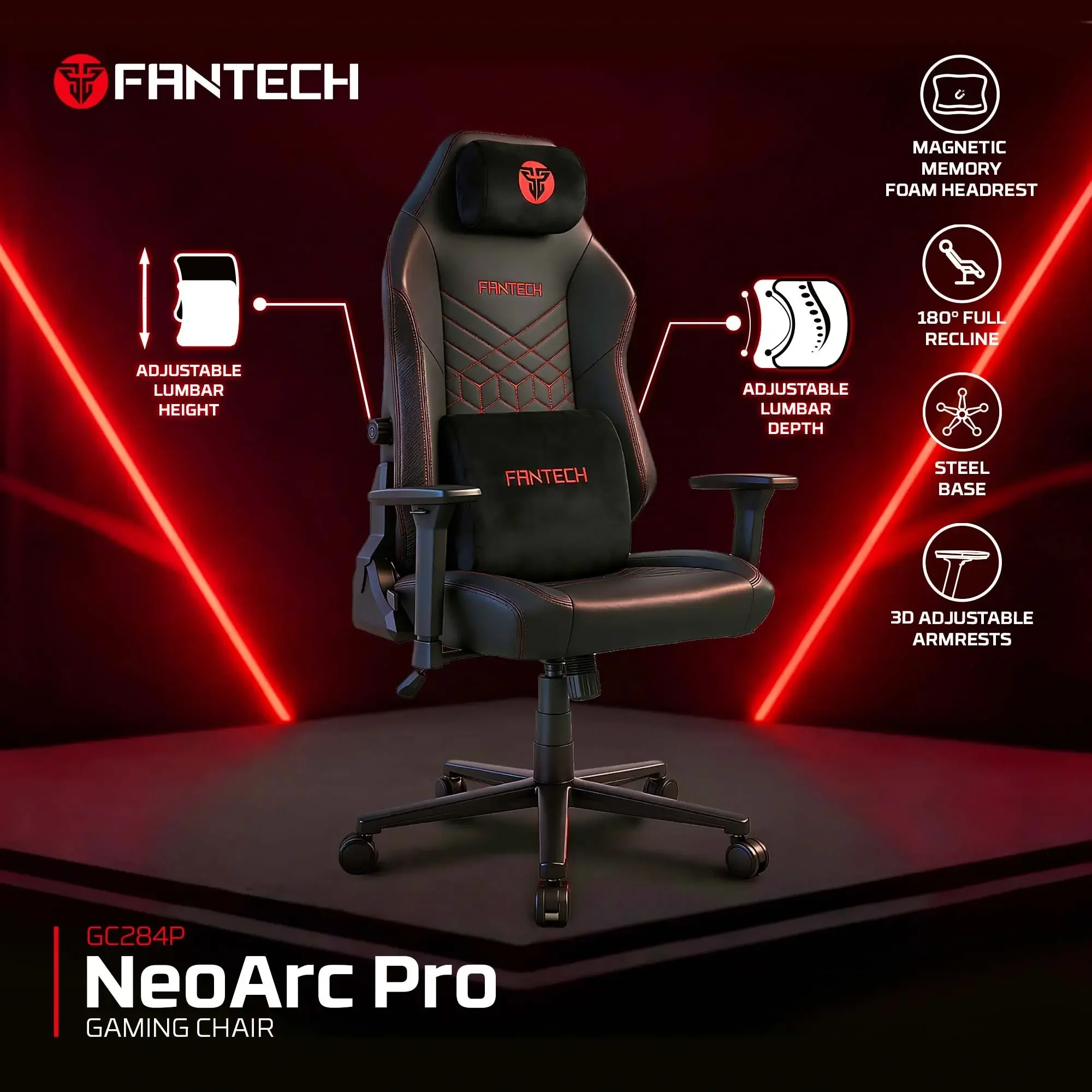 Fantech GC284P NEO ARC PRO Gaming Chair with Magnetic Memory Foam Headrest and Adjustable Lumbar Support - Image 3