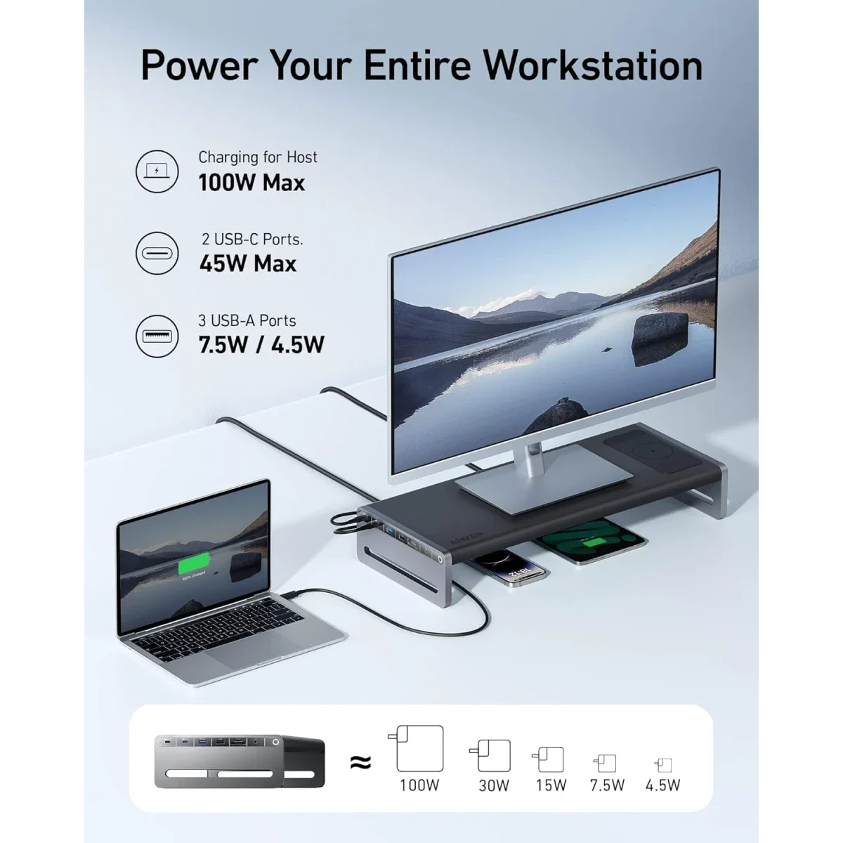 قاعدة للشاشة مع مجموعة واسعة من المنافذ USB-C من Anker 675 12 ولوحة شحن لاسلكي - Image 5