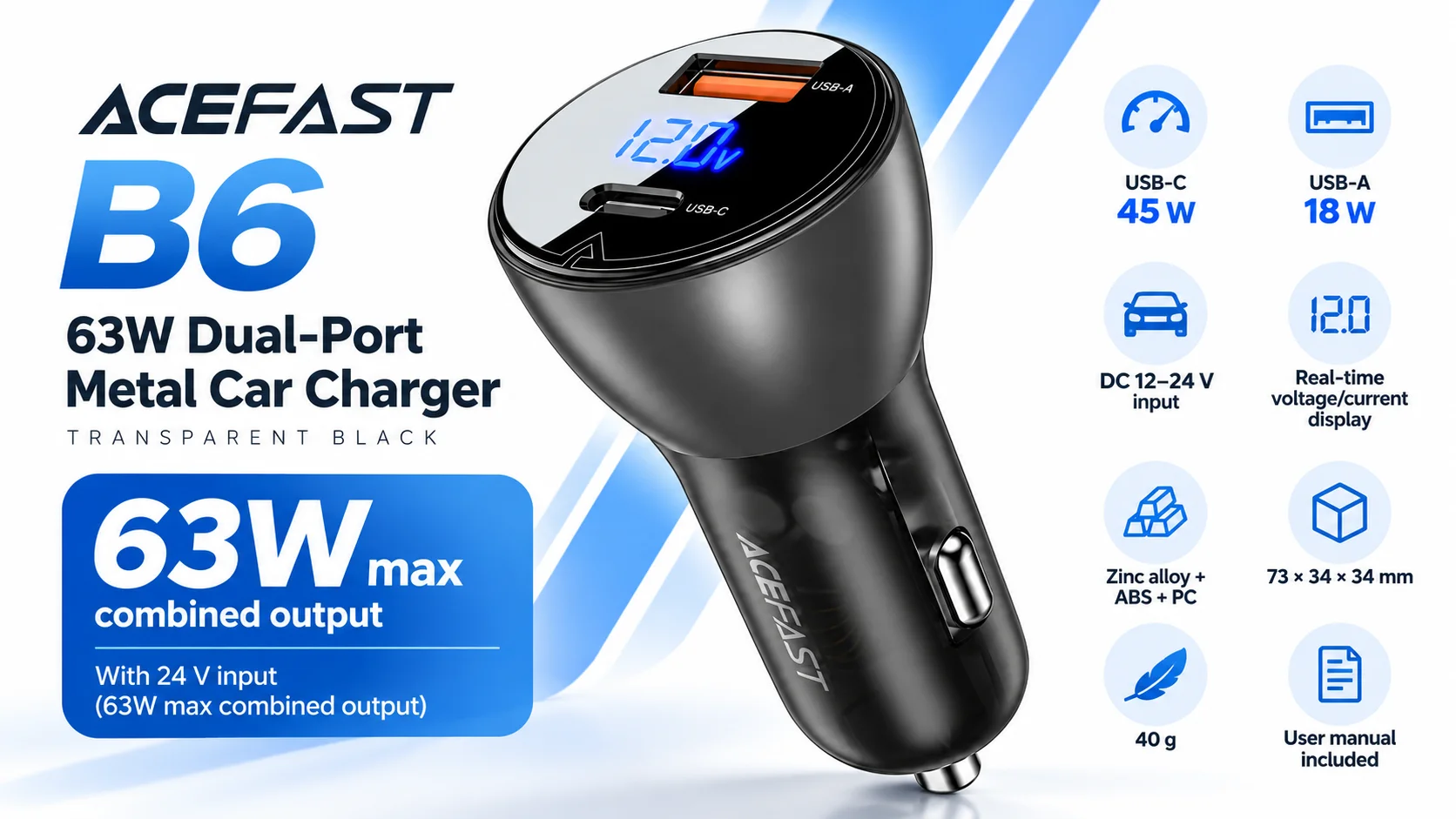 ACEFAST B6 63W Dual-Port Metal Car Charger with Digital Display – Transparent Black - Thumbnail 7
