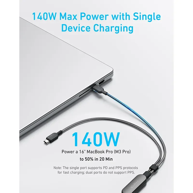كابل شحن Anker A8895H12 USB-C اثنان في واحد 1.8 متر 140 واط أسود - Thumbnail 5