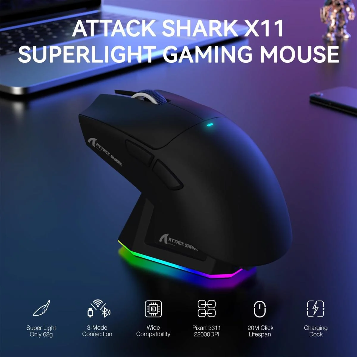 ماوس ألعاب لاسلكي خفيف ATTACK SHARK X11 ثلاثي الاتصال مع قاعدة شحن RGB ودقة 22K DPI، أسود - Image 2