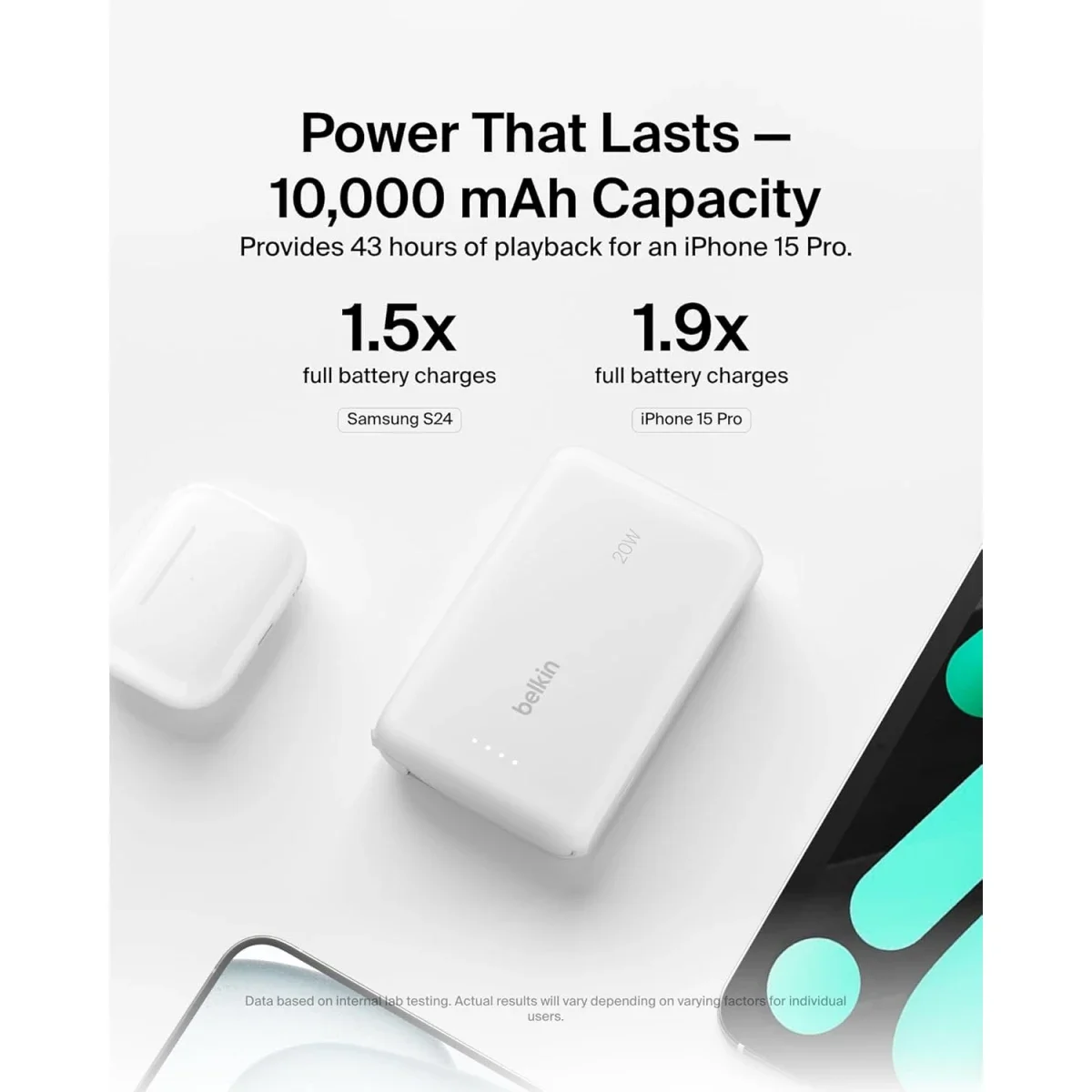 بطارية محمولة Belkin BoostCharge بسعة 10000mAh مع كابل USB-C مدمج وشحن PD بقدرة 20W - أبيض - Thumbnail 4