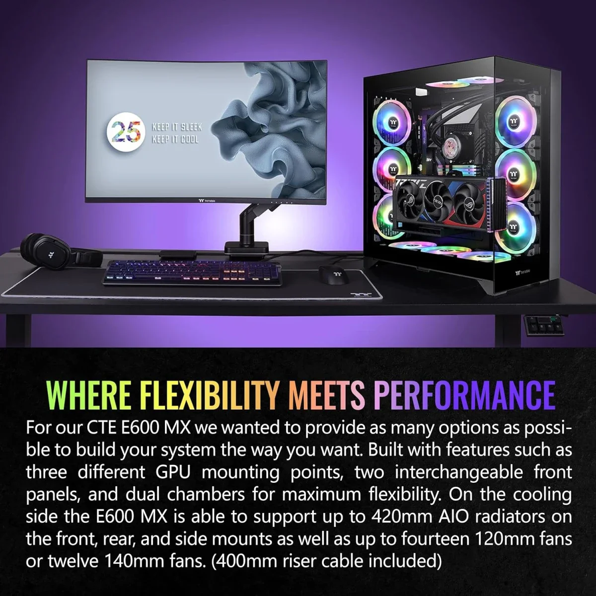 Thermaltake CTE E600 MX E-ATX Mid-Tower Case with 3-Way Floating GPU Bracket and 400mm PCIe 4.0 Riser Cable - Black - Image 4