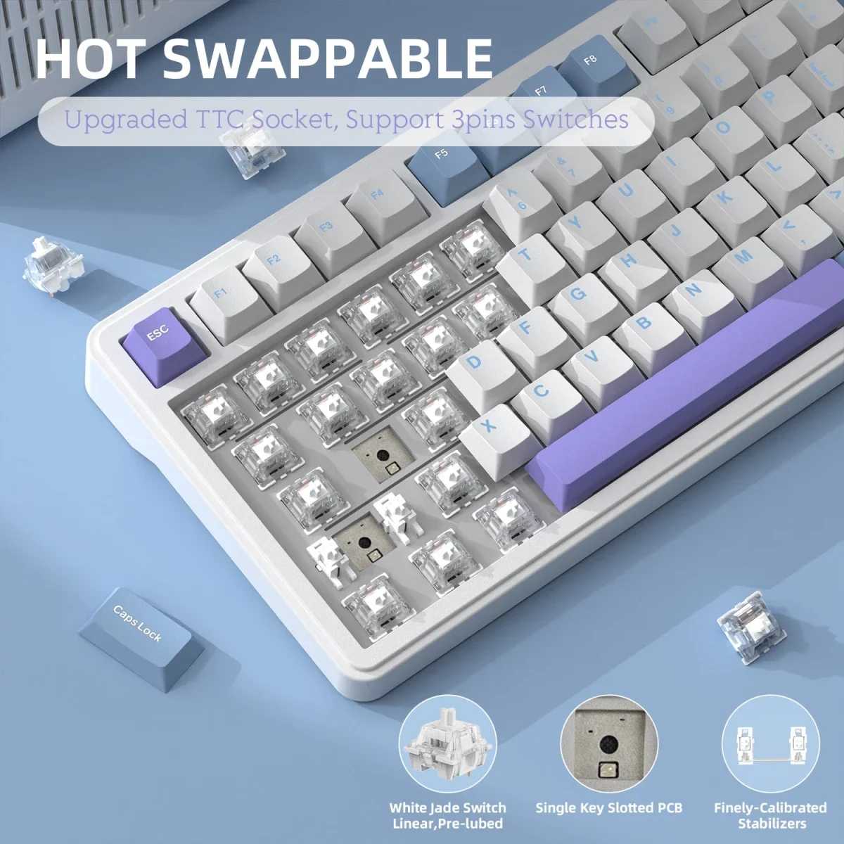 كيبورد ميكانيكي ATTACK SHARK X85 بنسبة 75% ثلاثي الاتصال أبيض وبنفسجي مع سويتش White Jade - Image 7