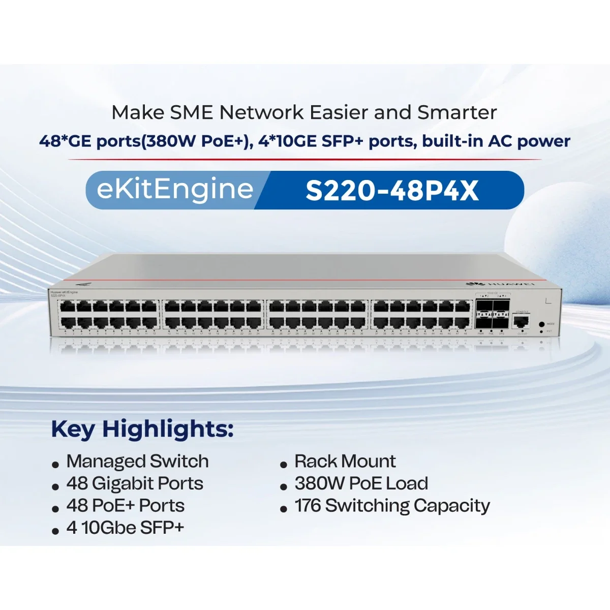 HUAWEI eKit S220-48P4X Smart Managed Switch 48-Port Gigabit PoE+ with 4x 10GE SFP+