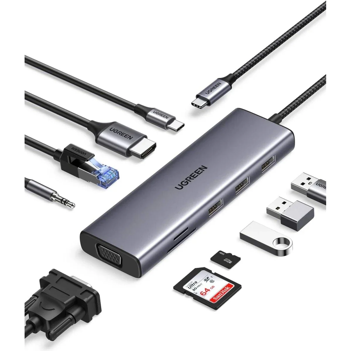 موزع USB-C 10 في 1 من Ugreen مع HDMI بدقة 4K 30Hz وVGA وإيثرنت 1Gbps وPD بقدرة 100W - Image 1