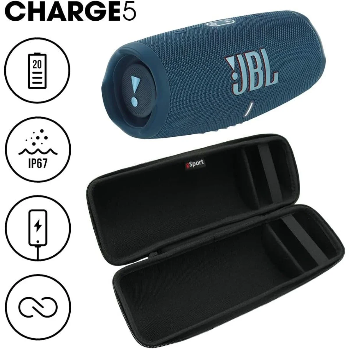 سماعة JBL Charge 5 بلوتوث محمولة مقاومة للماء مع باور بانك - أزرق - Thumbnail 7