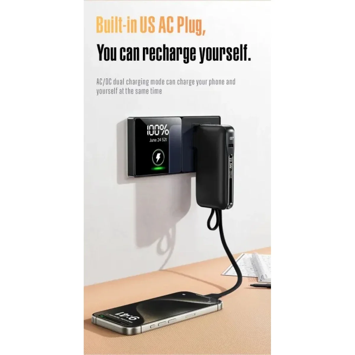 Awei P84K 10000mAh Power Bank with Built-in USB-C Cable & Plug, 22.5W Fast Charging - Thumbnail 3