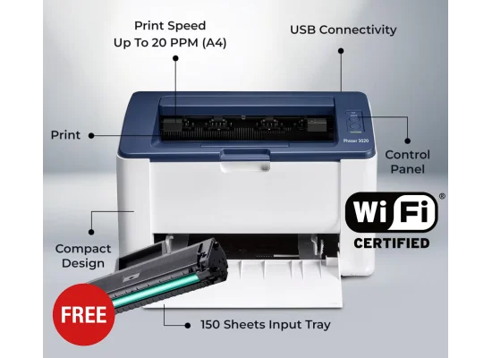 طابعة ليزر أحادية اللون Xerox Phaser 3020 صغيرة 20 صفحة بالدقيقة Wi‑Fi وUSB وذاكرة 128MB - Image 5