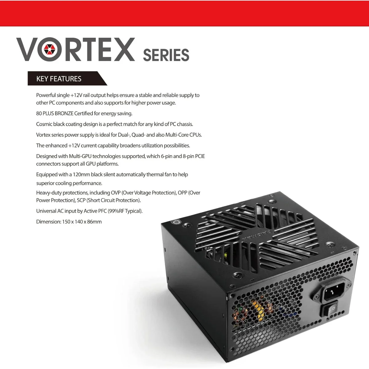 مزود طاقة Raidmax Vortex بقدرة 700 واط وكفاءة 80 بلس برونزي ATX مع مروحة هادئة 120 مم، أسود - Thumbnail 2