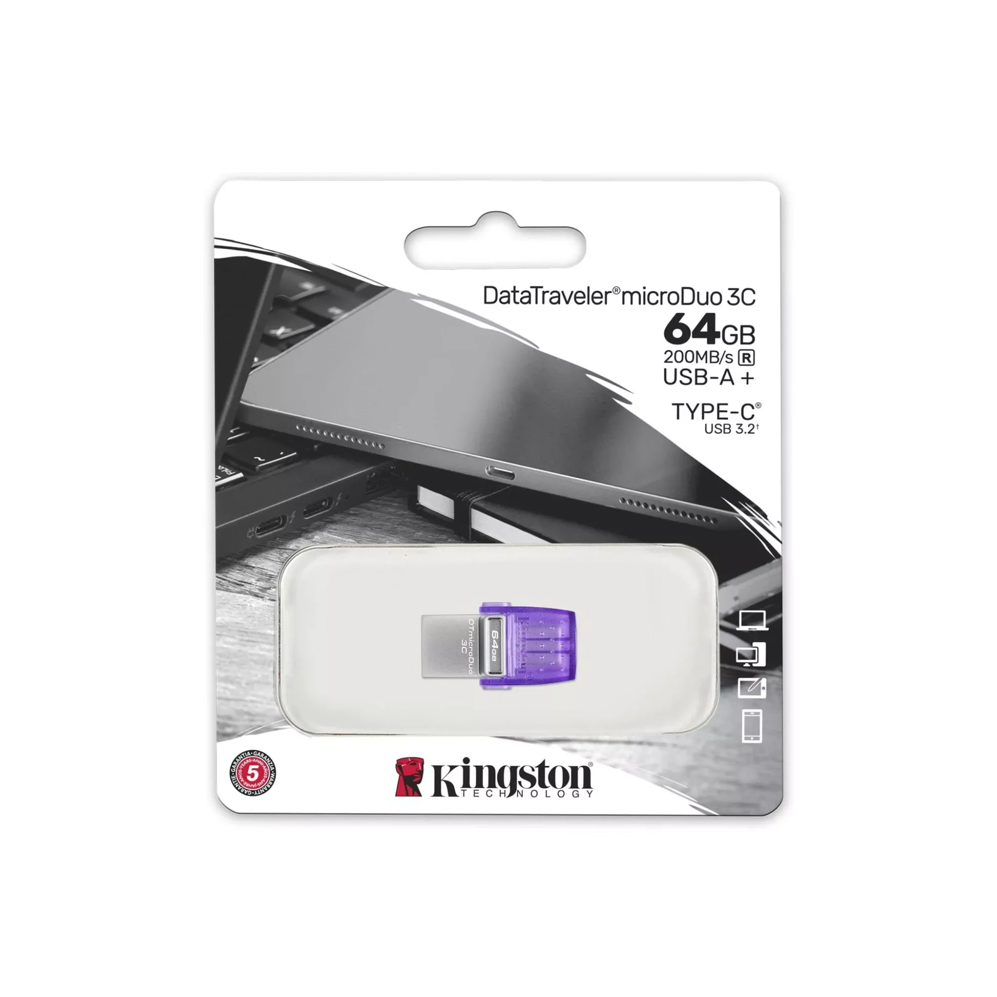 فلاش ميموري Kingston DTDUO3CG3/64GB سعة 64GB بمنفذي USB-C وUSB-A، USB 3.2 Gen 1، قراءة 200MB/s - Image 2