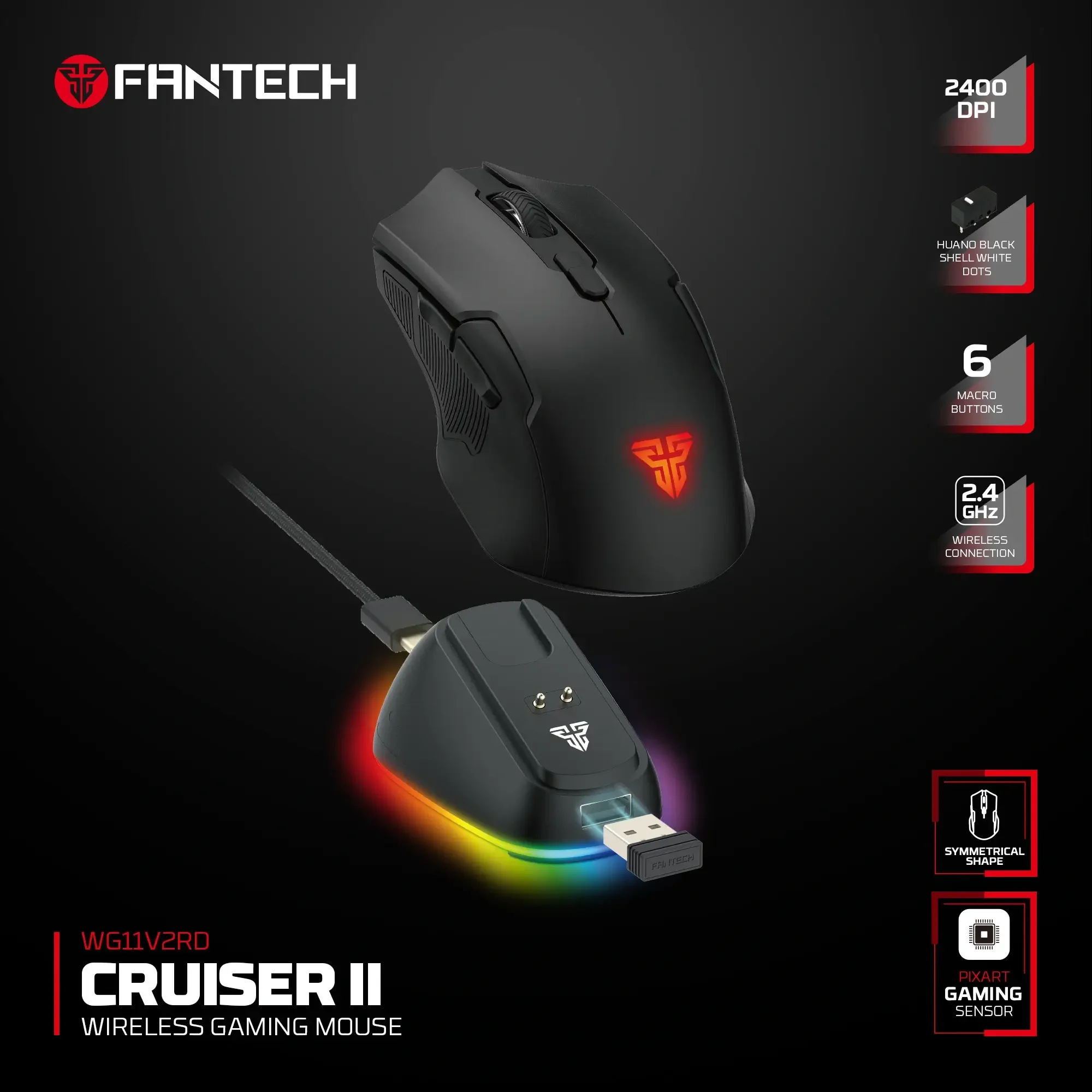 ماوس ألعاب لاسلكي Fantech WG11V2RD CRUISER II - أسود - Thumbnail 3