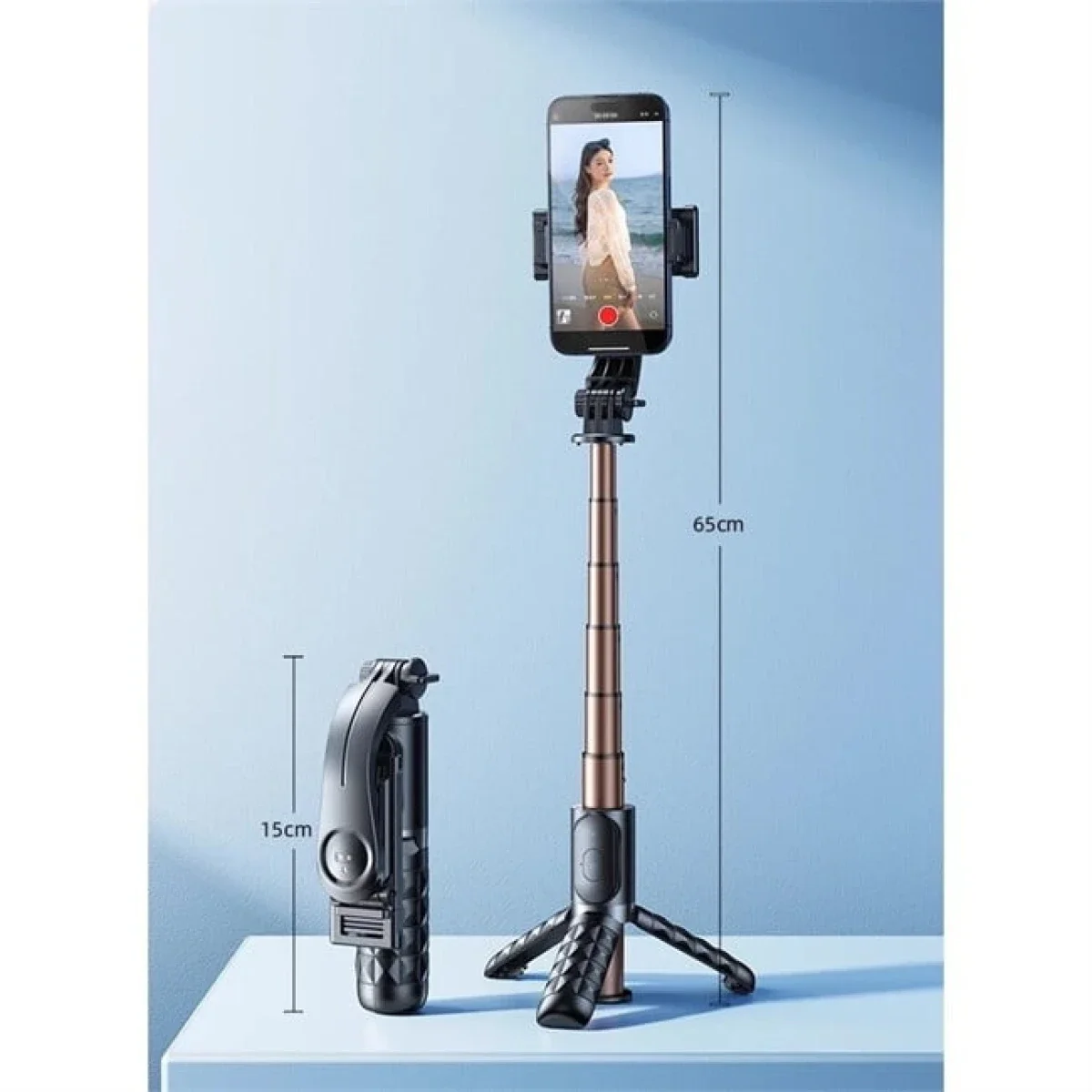عصا سيلفي صغيرة RTAKO Q10R مع حامل ثلاثي 65 سم محمولة مضادة للاهتزاز باللون الأسود - Image 3