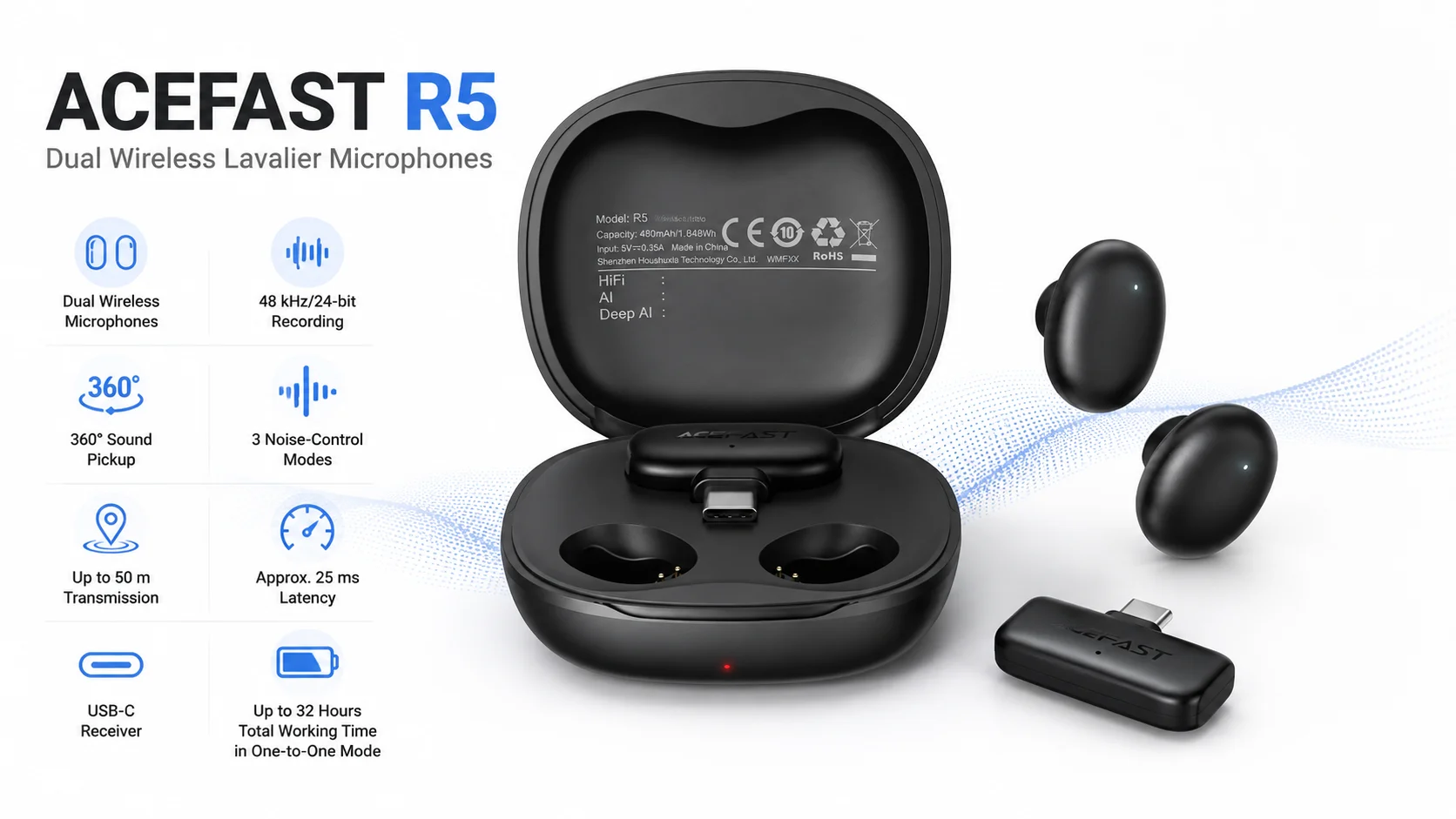 ACEFAST R5 Dual Wireless Lavalier Microphones 48 kHz/24-bit Black - Image 8