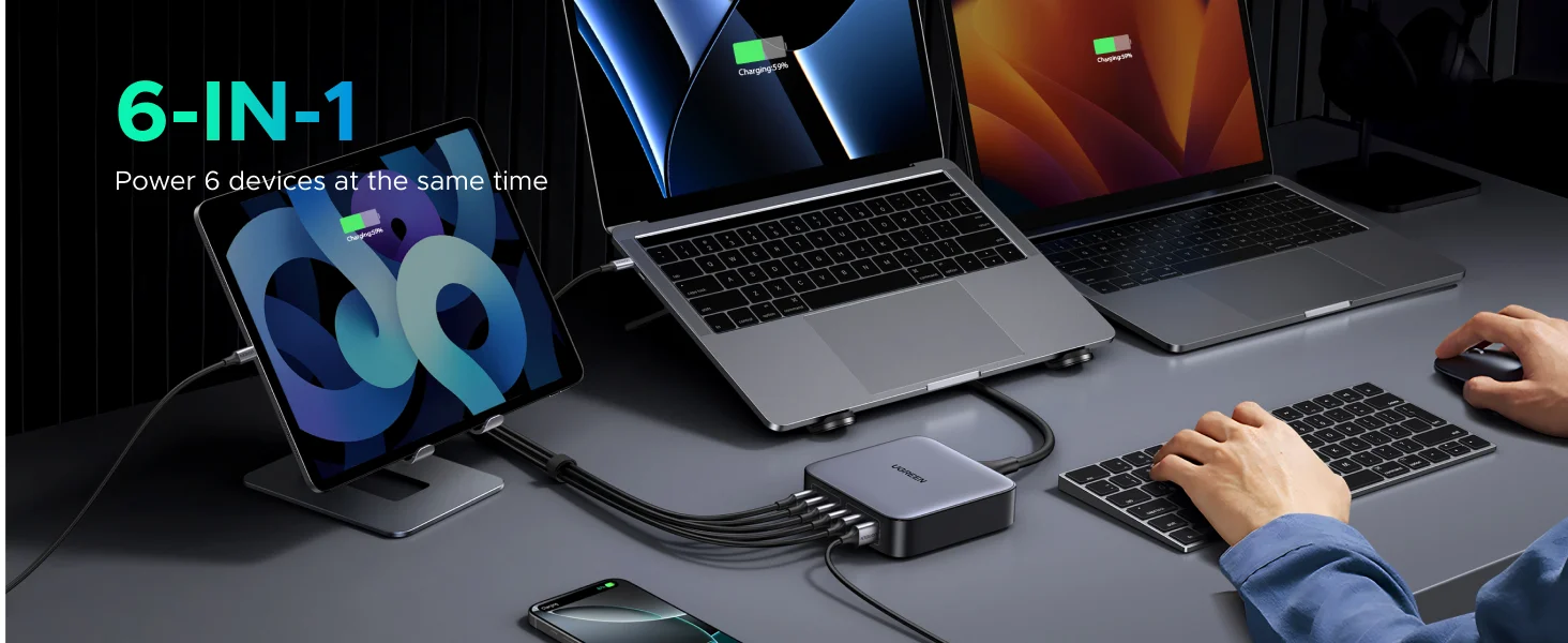 محطة شحن مكتبية Ugreen Nexode بقدرة 200 واط GaN و6 منافذ USB-C - رمادي - Thumbnail 15